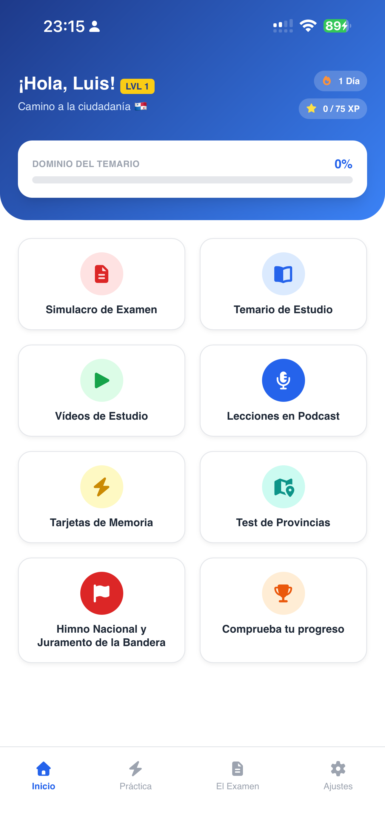 Captura 1: Dashboard con tu progreso y acceso a todos los módulos